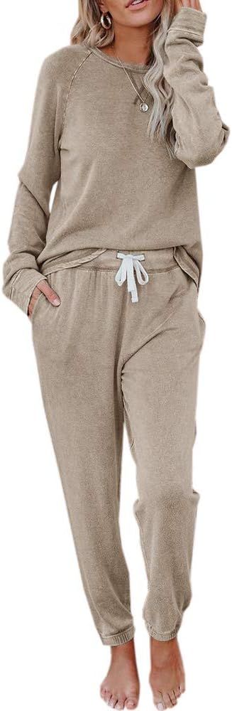 Eurivicy Women's Solid Sweatsuit Set 2 Piece Long Sleeve Pullover and Drawstring Sweatpants Sport Ou | Amazon (US)
