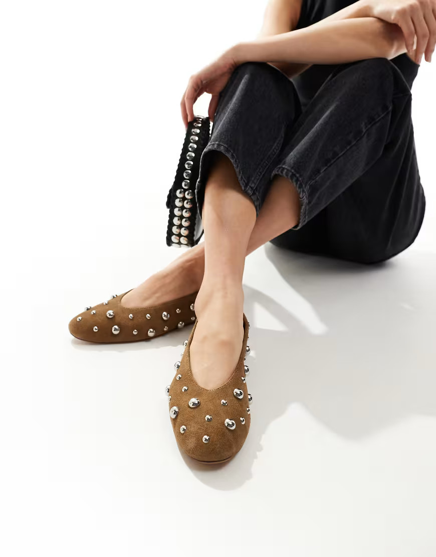 Stradivarius studded ballet flats in brown leather suede | ASOS (Global)