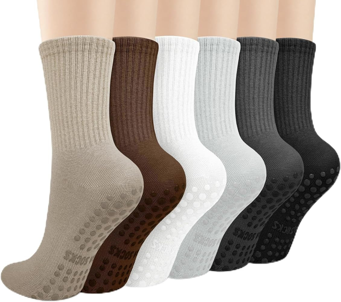 Justay 6 Pairs Pilates Socks with Grips for Women Soft Non Slip Crew Cotton Athletic Workout Barr... | Amazon (US)