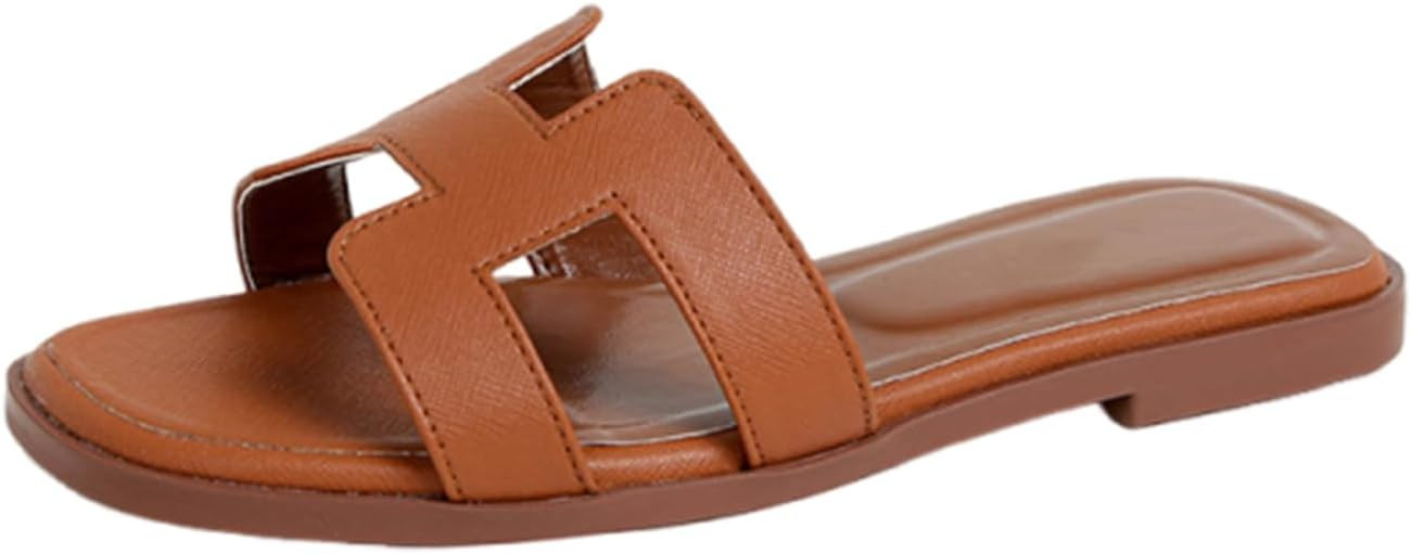 H Sandals for Women Leather Square Open Toe Anti-Slip Slip On Flats Summer Elegant Comfortable Ca... | Amazon (US)