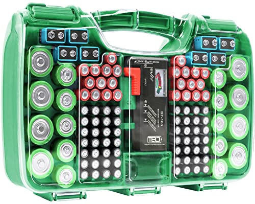 THE BATTERY ORGANISER, Battery Storage Organizer Hinged Clear Cover with Locking Lid, Holds 180 Batteries, Includes a Removable Battery Tester, Battery Holder for Garage Organization, Light Green | Amazon (US)