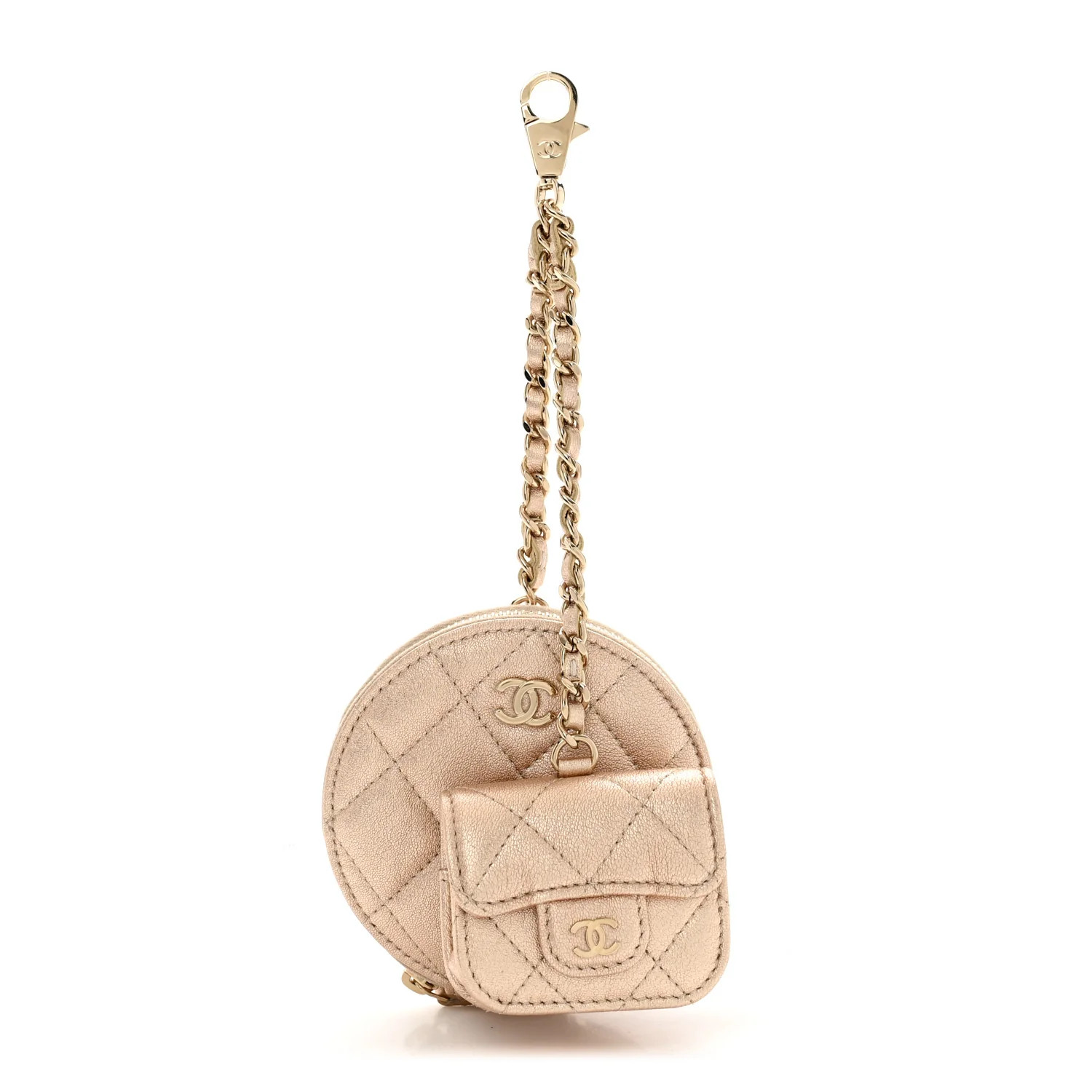 Metallic Lambskin Quilted Round Clip On Coin Purse Airpods Case Gold | FASHIONPHILE (US)