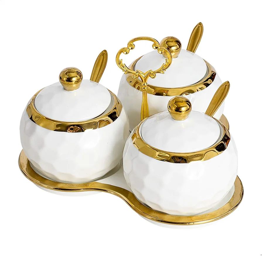 BIHOIB Golf Porcelain Sugar Bowl Condiment Pot Salt Container with Lid, Spoon and Tray, Set of 3,... | Amazon (US)