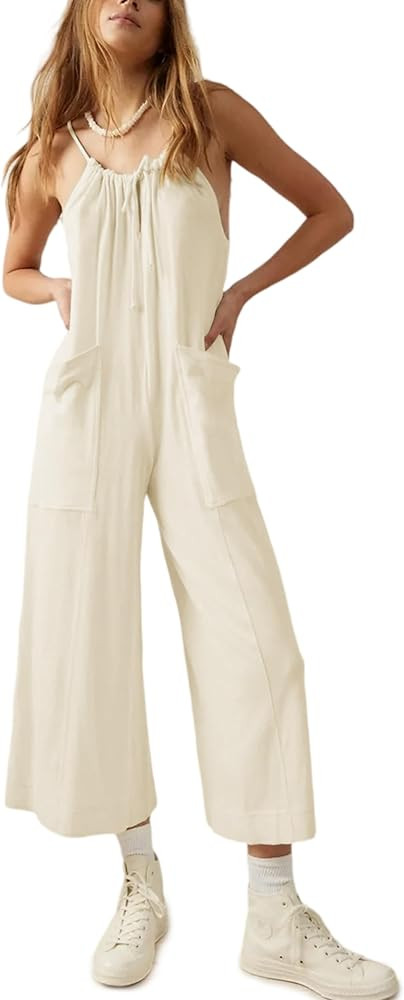 Women’s Casual Jumpsuits Sleeveless Loose Adjustable Halter Ties Cropped Romper Jumper with Poc... | Amazon (US)