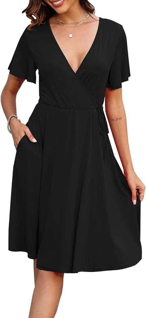 Women's Dress Casual Short Sleeve V-Neck Floral Party Dress with Pockets Split Elastic Waist Tie ... | Amazon (US)