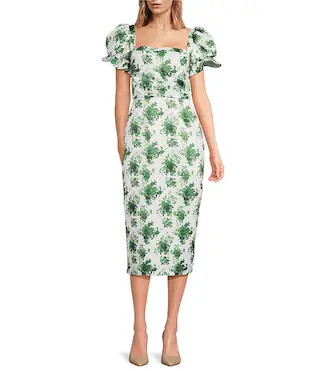 Damaris Bailey Puff Sleeve Silk Sheath Midi Dress | Dillard's | Dillard's