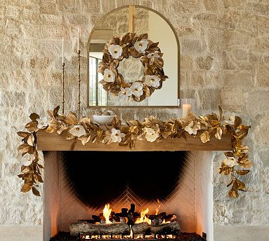 Faux Lit Gold Magnolia Leaf Wreath &amp; Garland | Pottery Barn (US)