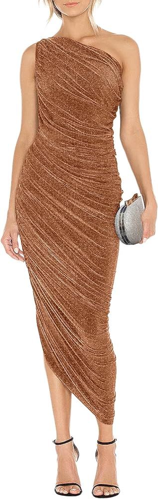 Women's One Shoulder Cocktail Dress Glitter Sexy Ruched Bodycon Irregular Hem Prom Formal Party M... | Amazon (US)