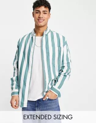 ASOS DESIGN 90s oversized oxford stripe shirt in teal | ASOS (Global)