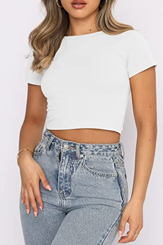 WYNNQUE Womens Crop Tops Cute Summer Scoop Neck Basic Tees Slim Fit Trendy Short Sleeve T Shirts for | Amazon (US)