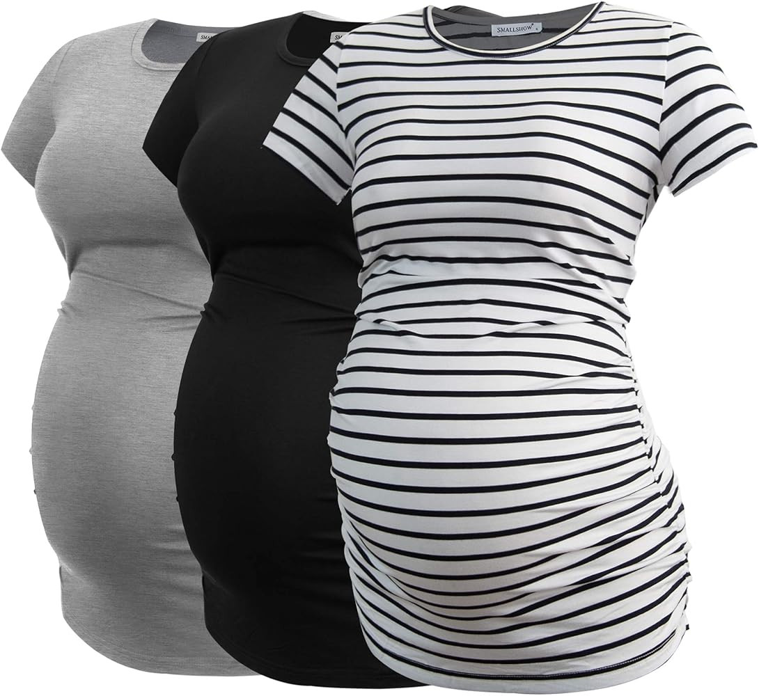 Smallshow Women's Maternity Shirt Side Ruched Tunic Pregnancy Top Clothes 3-Pack | Amazon (US)
