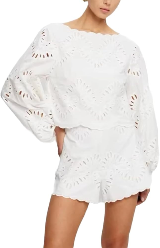 REASERAL Womens 2 Piece Outfits Casual Eyelet Lantern Sleeve Boat Neck Top High Waist Shorts Goin... | Amazon (US)