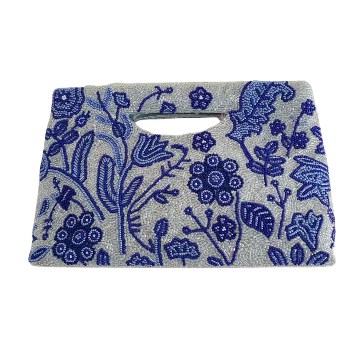 Fully Beaded Blue & White Floral Motif Clutch | The Well Appointed House, LLC