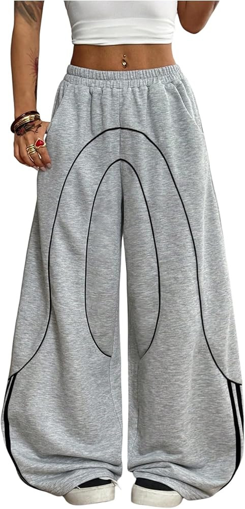 SweatyRocks Women's Wide Leg Baggy Sweatpants High Waisted Low Rise Lounge Joggers Sweat Pants wi... | Amazon (US)
