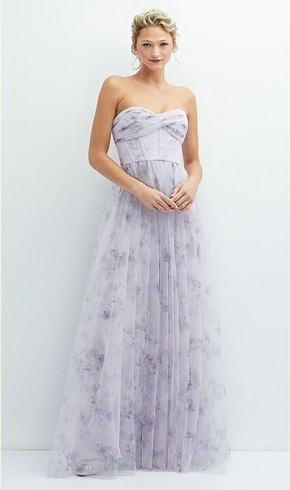 Floral Strapless Twist Cup Corset Tulle Dress with Long Full Skirt in Lilac Haze Garden | The Dessy Group