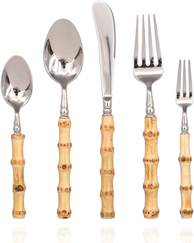 Amazon.com | BLEWAR Bamboo Silverware Set 18/10 Stainless Steel Tableware Set Natural Flatware Sp... | Amazon (US)
