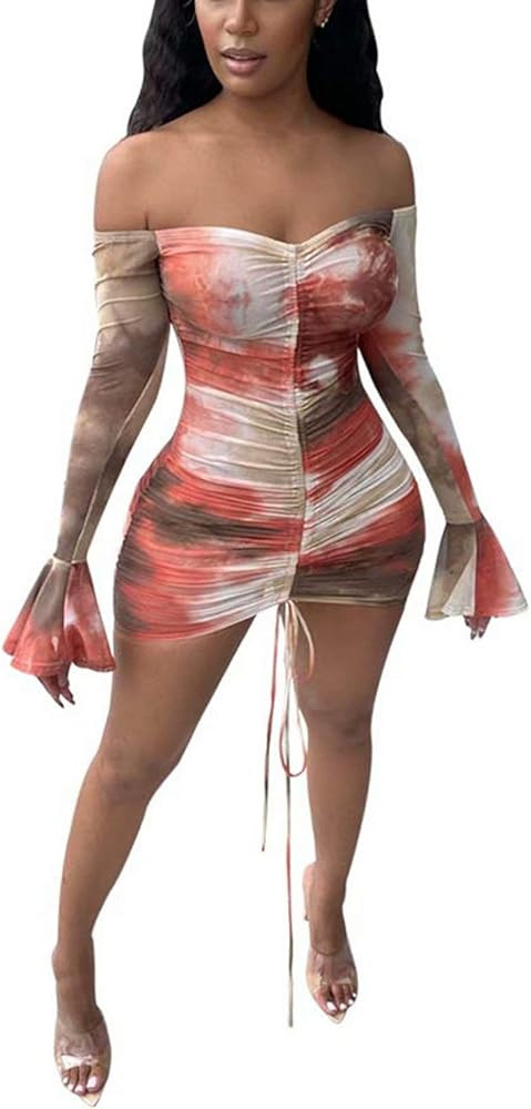 Women Sexy Off Shoulder Bell Sleeve Ruched Front Drawstring Printed Stretchy See Through Bodycon ... | Amazon (US)