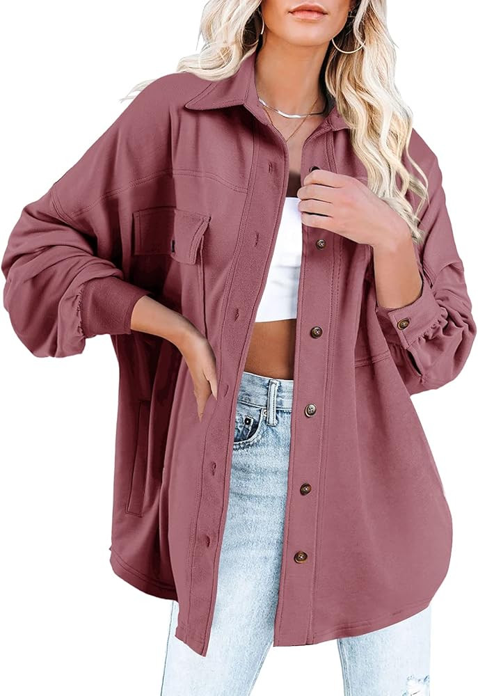Mafulus Women's Button Down Jacket Shacket Lapel Collar Lantern Long Sleeve Loose Coat with Pocke... | Amazon (US)