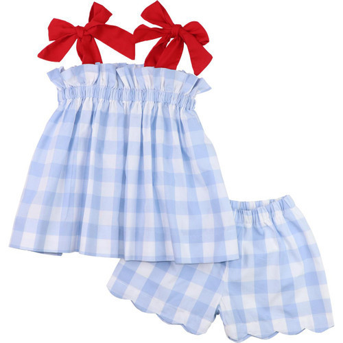 Blue And Red Buffalo Check Shoulder Tie Short Set | Cecil and Lou