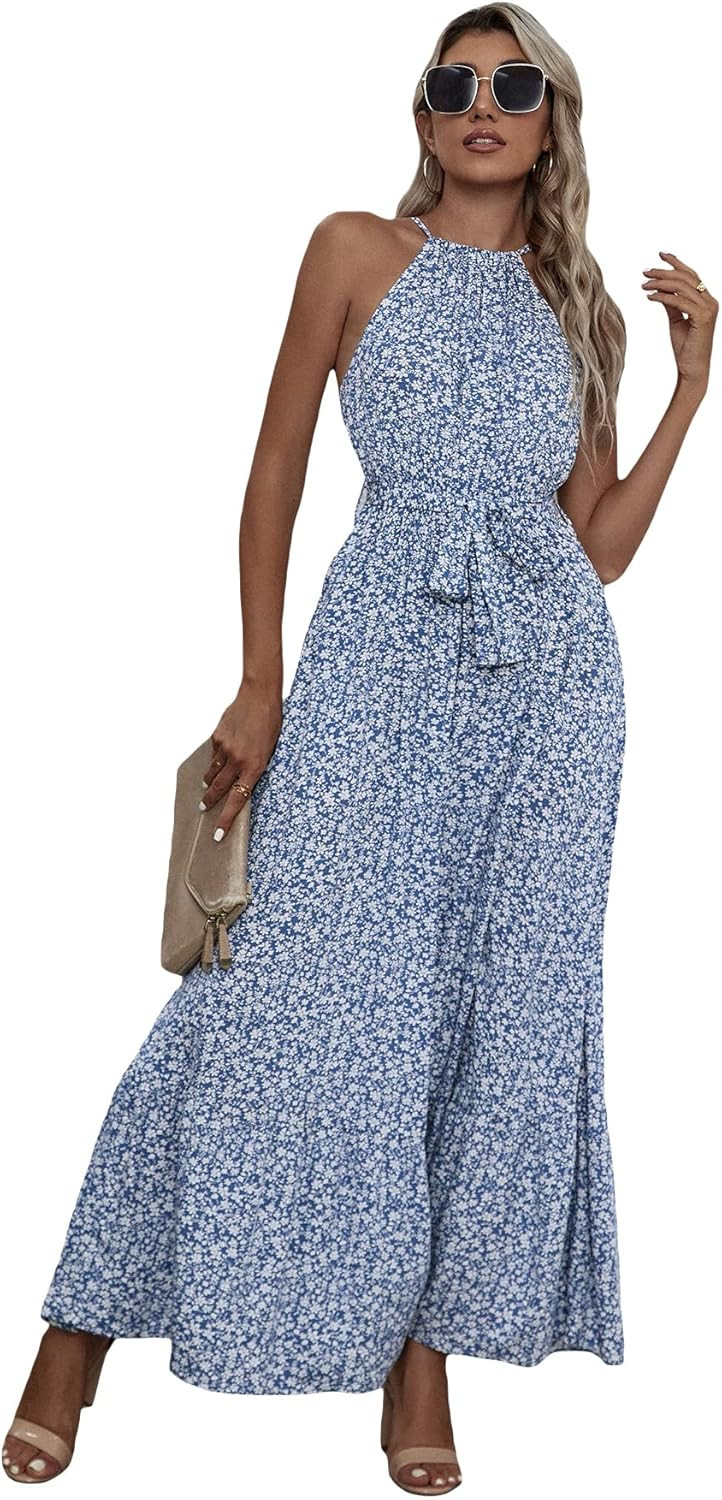 MakeMeChic Women's Floral Halter Sleeveless Flowy Maxi Summer Dress with Belt | Amazon (US)