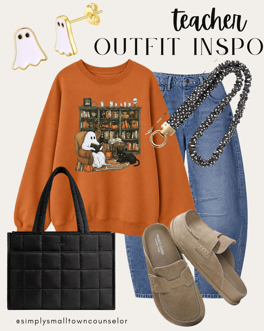 Teacher Outfit Inspo 👻 I’m obsessed with this adorable ghost-reading crewneck! Paired with jeans and comfy clogs, it’s such a fun classroom look for spooky season 🧡
 

 #LTKSeasonal #LTKMidsize #LTKWorkwear