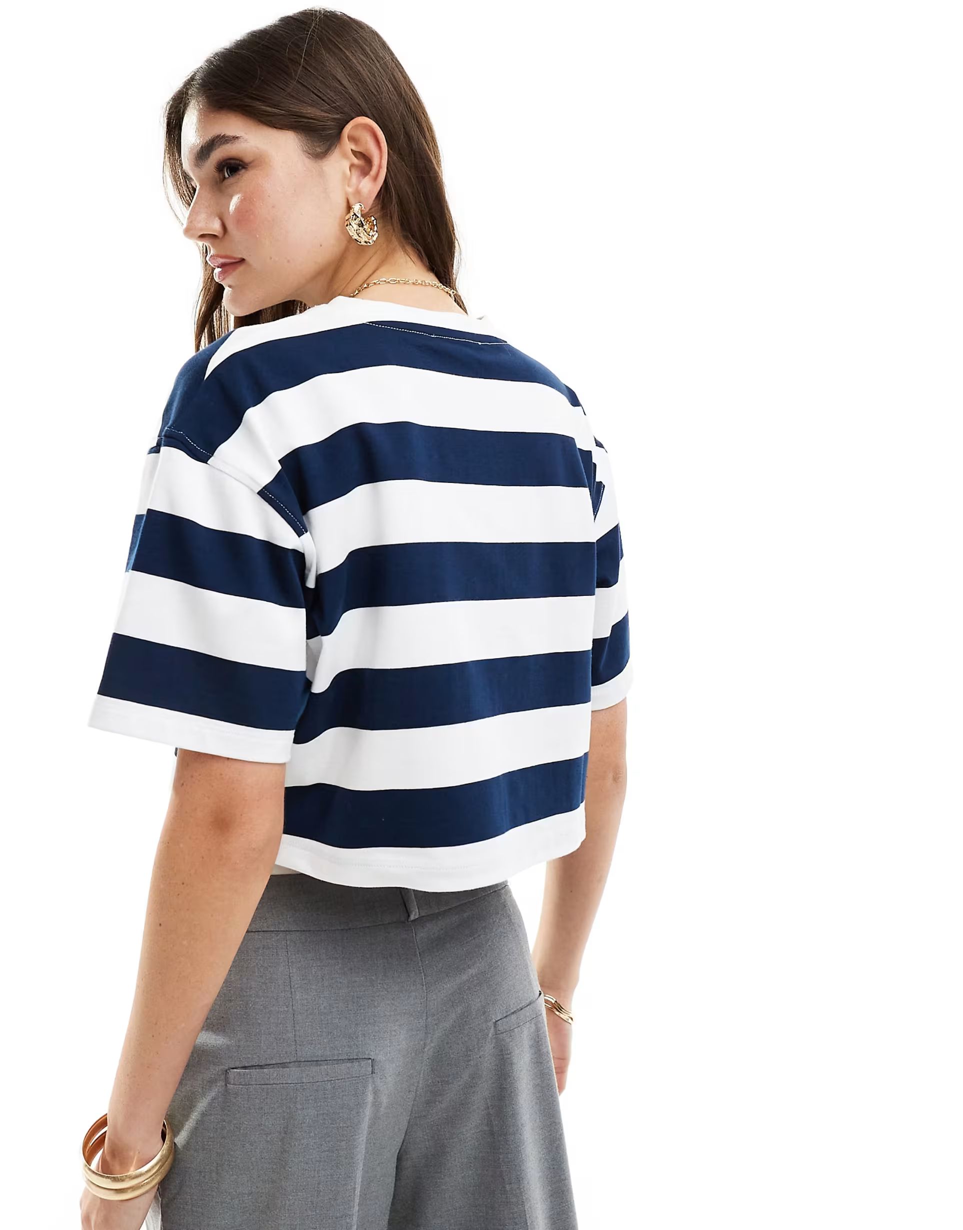 4th & Reckless cropped boxy logo embroidered T-shirt in white and navy stripe | ASOS (Global)