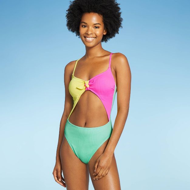 Juniors' Ribbed Colorblock Tie-Front One Piece Swimsuit - Xhilaration™ Multi | Target