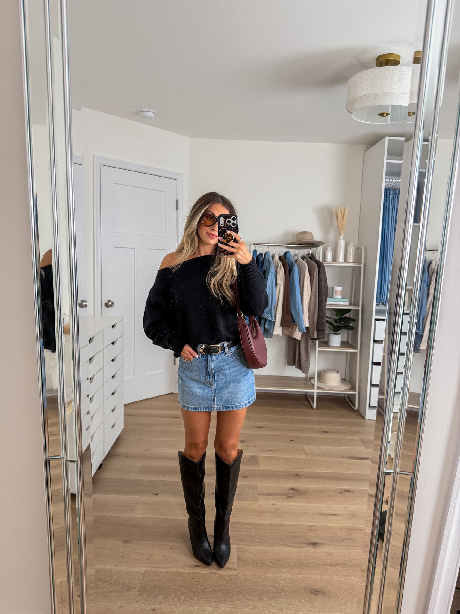 Elevated casual fall outfit
+ cashmere off the shoulder sweater in black: xs 
+ denim forum mini skirt: 25 
+ boots: true to size

#LTKootd #LTKPetite #LTKSeasonal