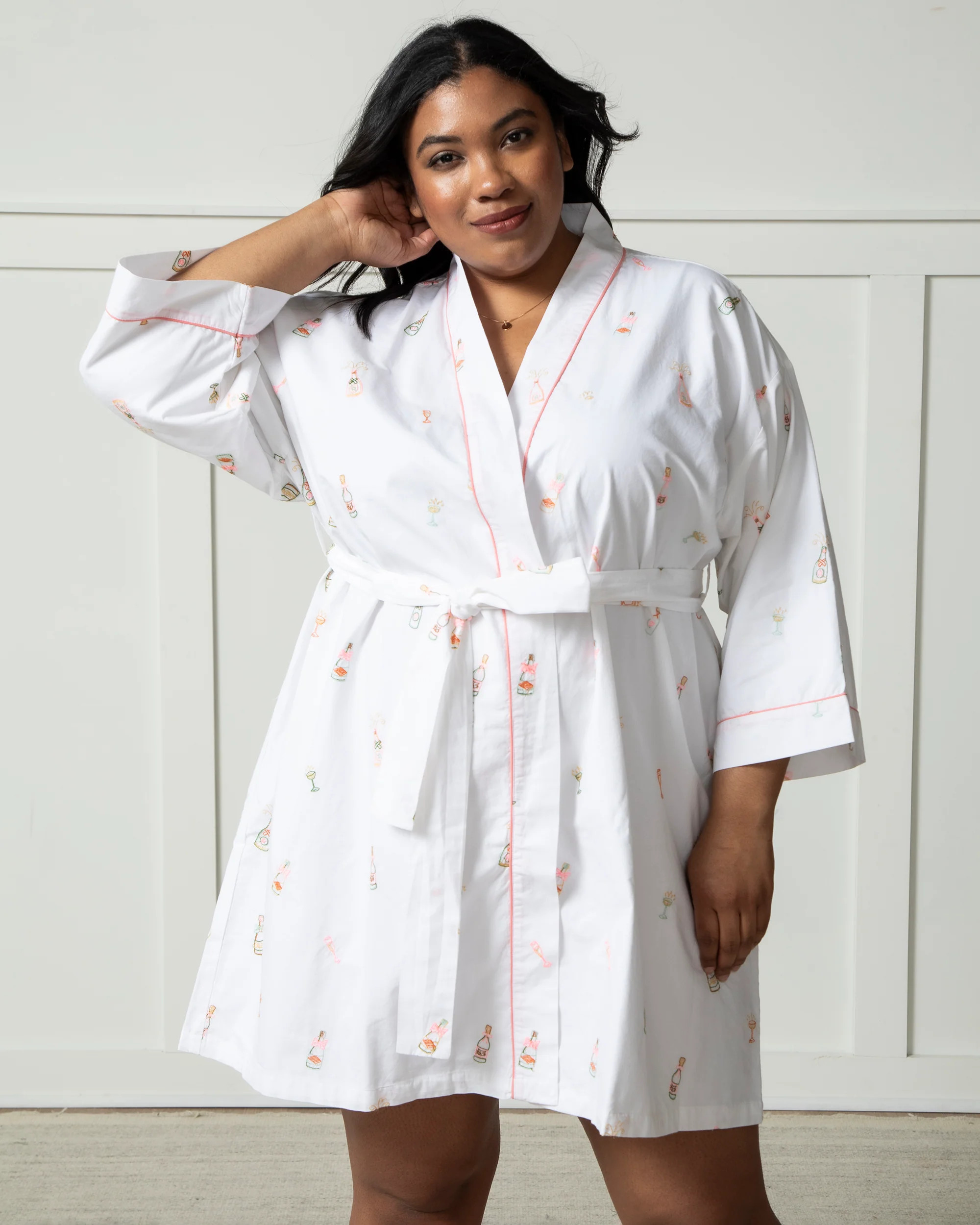 Embroidered Bubbly Brunch - Women's Cotton Getting Ready Robe - Cloud | Printfresh