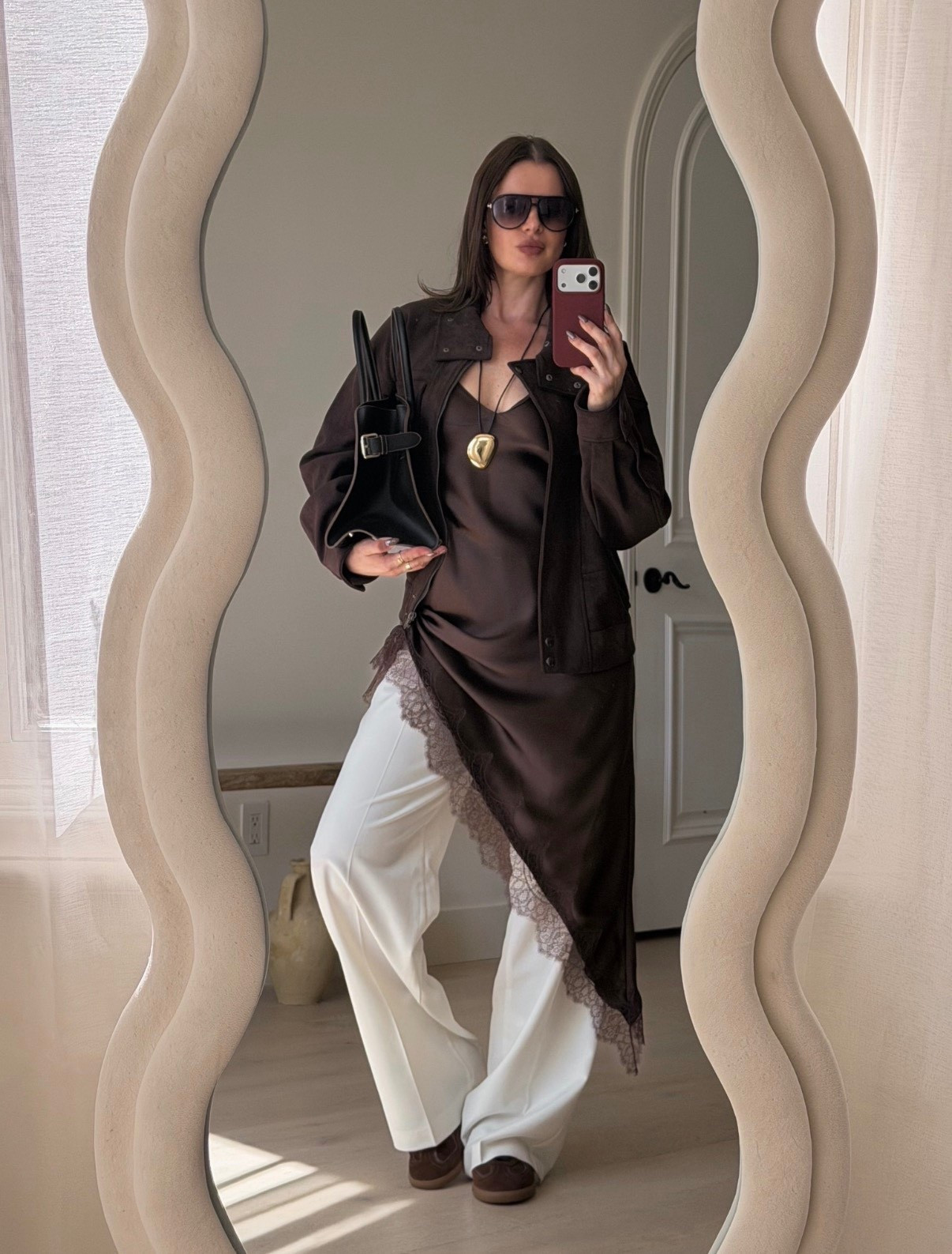 Fall outfit idea. Styling a lace dress with wide leg pants and a suede bomber jacket 
#chocolatebrown 
#darkbrown #tote #zara #lace #widelegpants #falloutfit #jacket #bomberjacket #suedejacket 

#LTKFindsUnder100 #LTKFindsUnder50 #LTKSeasonal