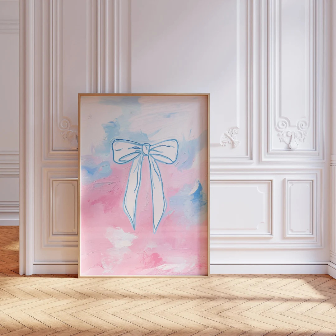 Girly Bow Print, Preppy Coquette Painting, Pink and Blue Oil Painting, Cute Downloadable Print, P... | Etsy (US)