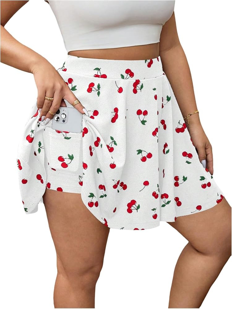 Floerns Women's Plus Size Cherry Print Skorts High Waist Wide Leg Cute Skirt Shorts | Amazon (US)