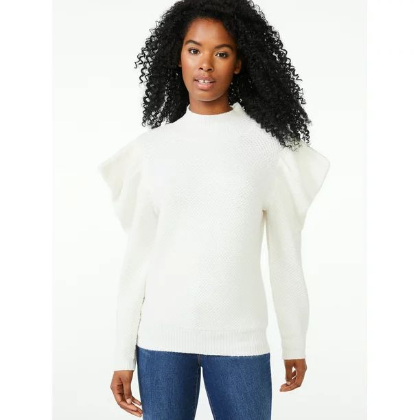 Scoop Women's Mock Neck Sweater with Pleated Puff Sleeves - Walmart.com | Walmart (US)