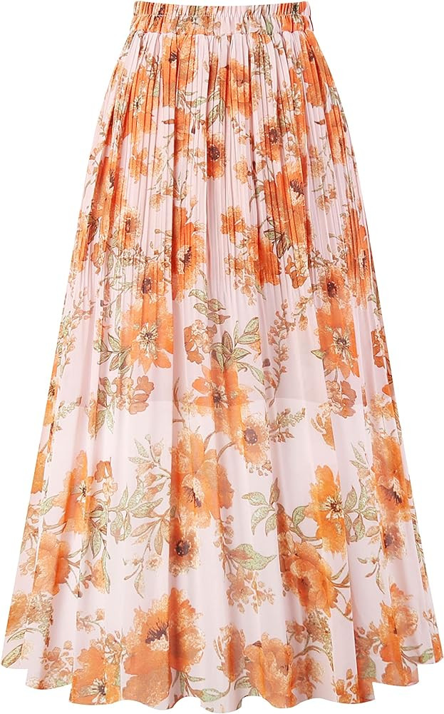 Kingfancy Women's Pleated Skirt Chiffon Elastic Waist A-Line Midi Length Skirt New | Amazon (US)