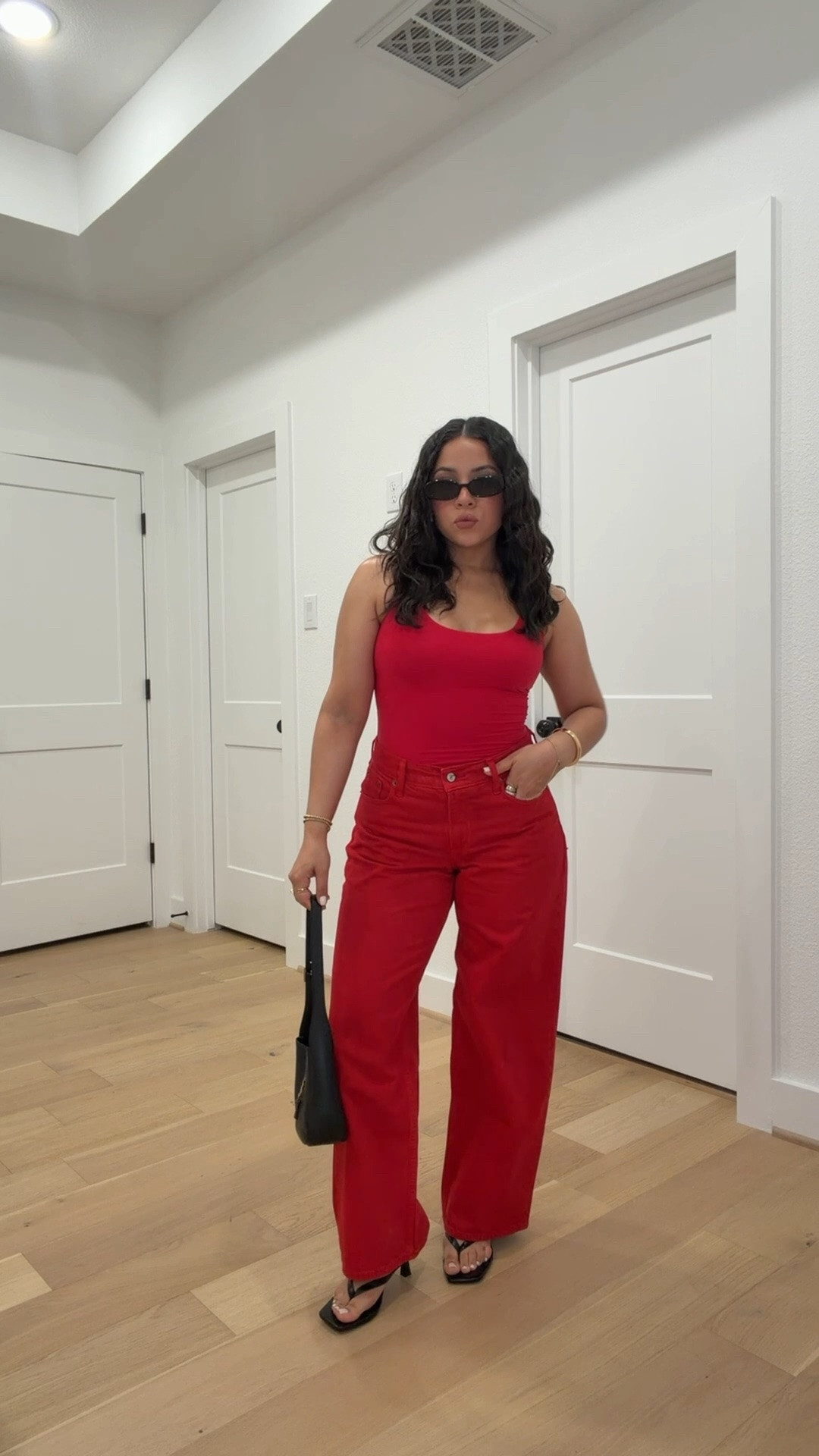 Halter tank: small
Red jeans: 26 short 
Black kitten heels: 6.5 
Black bag 
Sunglasses 
Ootn • night out • red outfit

#LTKgrwm #LTKootd #LTKPetite