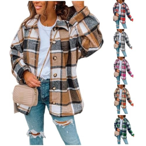 Flannel Shirt Women Plaid Oversized Shacket Jacket Business Casual Button Down Long Sleeve Coats Fall Clothes Outfits Brown | Amazon (US)