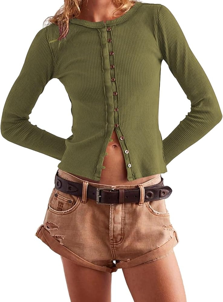 Womens Slim Fitted Cardigan Long Sleeve Y2K Ribbed Tops Button Down Shirts | Amazon (US)