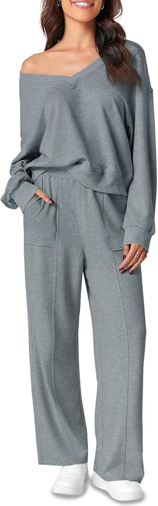 Fiosew Womens 2 Piece Sweat Set Sweatsuits V Neck Sweatshirt Pocketed SweatPants Casual Sport Tra... | Amazon (US)