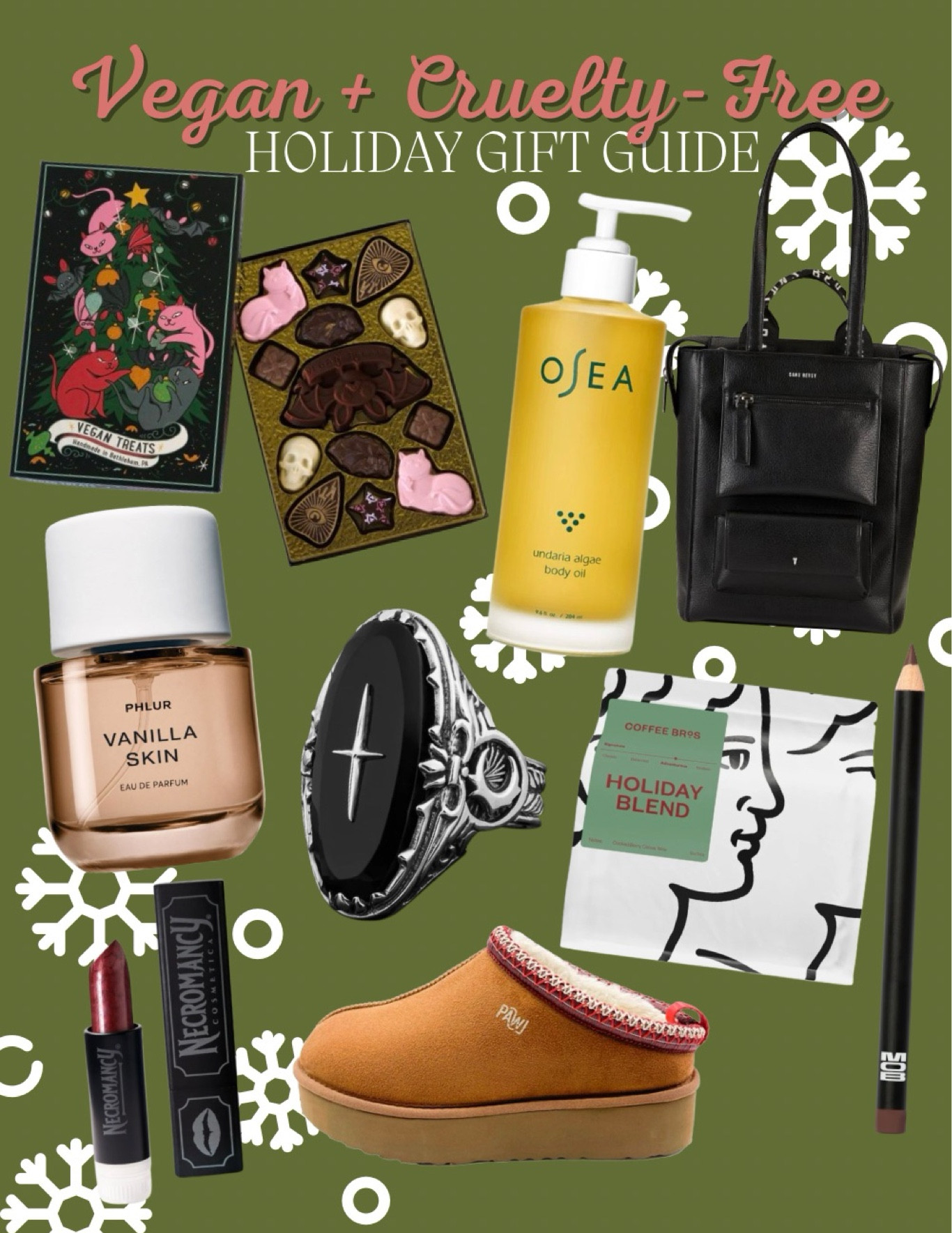 Cruelty-Free and Vegan Holiday Gift Guide!! 🎁 I have a full gift guide up on my website but here are a few of my favorites, including some I own and some that are on my wishlist. 🖤 What is on your wishlist? 

Vegan Treats Chocolates
Osea Body Oil (use affiliate code veganbeautyaddict for $$ off)
Sans Beast Tote
Phlur Vanilla Skin
Clocks and Colours Ring
Coffee Bros Coffee (use affiliate code veganbeautyaddict for $$ off)
MOB Beauty Makeup
Necromancy Cosmetics Lipstick (use affiliate code veganbeautyaddict for $$ off)
Pawj Slippers

#crueltyfree #crueltyfreebeauty #holidaygiftguide #vegansofig #veganbeautyaddict #veganbeauty #vegansofig #giftguide #alternativestyle #vegantreats #veganfashion

#LTKSeasonal #LTKGiftGuide #LTKHoliday