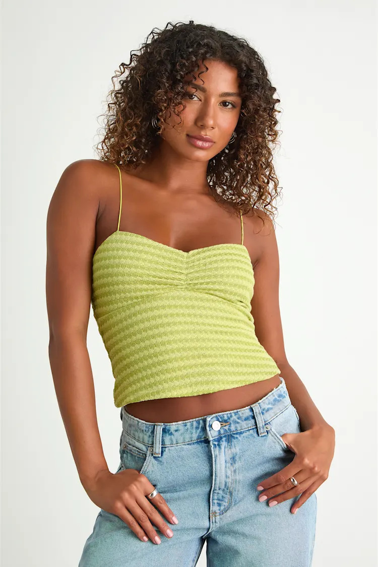 Jimena Lime Green Striped Knit Ruched Cami Top | Lulus