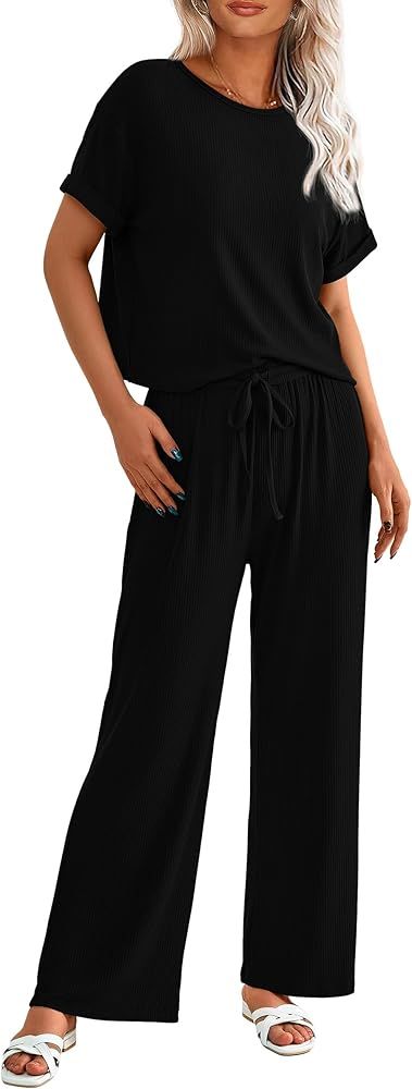 PRETTYGARDEN Women's Summer 2 Piece Knit Loungewear Short Sleeve T Shirts Wide Leg Pants Tracksui... | Amazon (US)