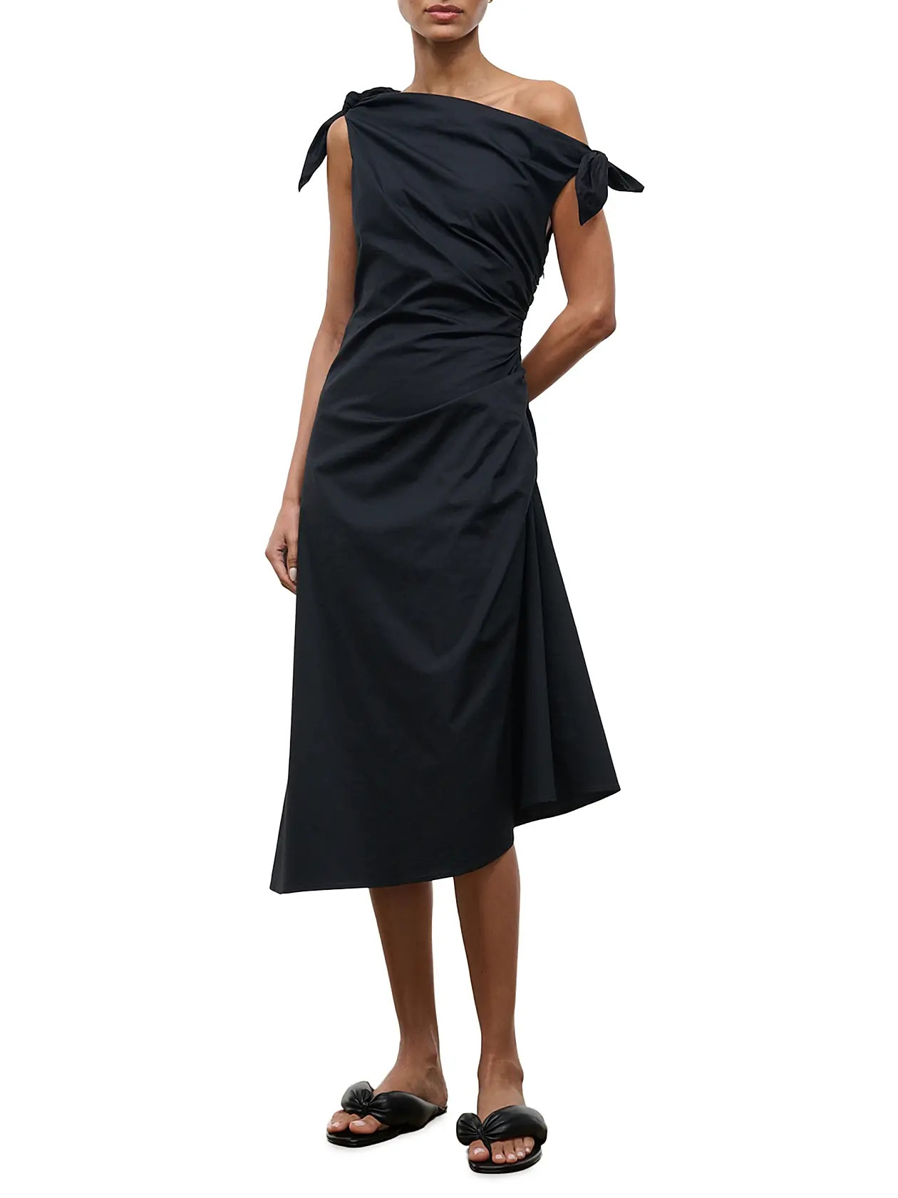 Staud Bellaria Ruched Asymmetric Cotton Midi-Dress | Saks Fifth Avenue | Saks Fifth Avenue
