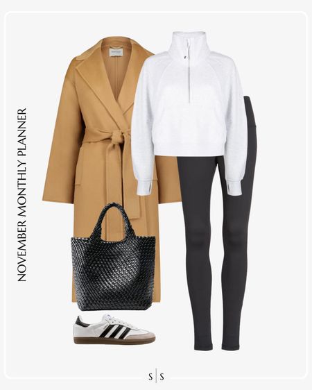 Monthly outfit planner: NOVEMBER Fall and Winter looks | wrap topcoat, scuba hoodie, leggings, Adidas sambas, woven tote, athleisure wear, activewear, casual style 

See the entire calendar on thesarahstories.com ✨

#LTKstyletip #LTKfitness