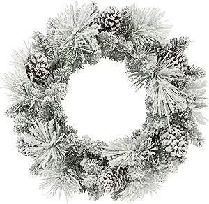 24 in Flocked Berkshire Spruce Wreath, 56 Tips, Pine Cones | Amazon (US)
