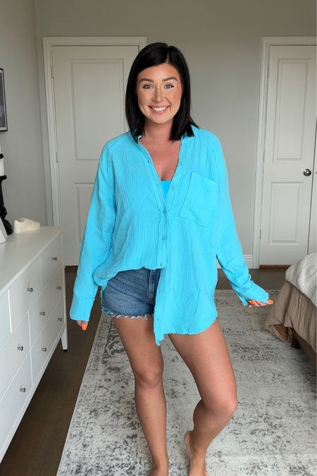 Swim coverup & shirt all in one. Loving this bright blue. Wearing a medium in the coverup and bathing suit and a 29 in shorts  

#LTKstyletip #LTKswim
