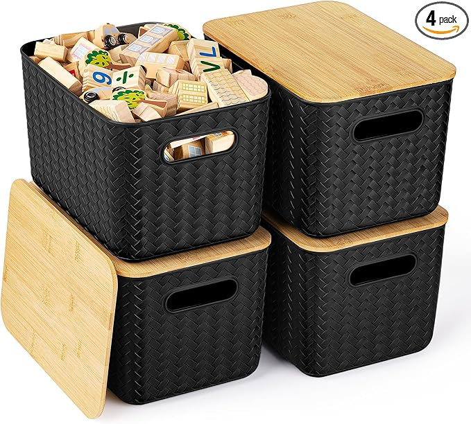 4 Packs Storage Bins with Bamboo Lids - Plastic Storage Containers with Lids Stackable Storage Bo... | Amazon (US)