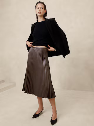 Vegan Leather Pleated Midi Skirt | Banana Republic Factory