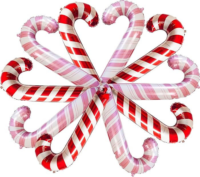 Christmas Candy Cane Foil Balloons, 10 Pcs Sweet Baby Pink Red Candy Cane Mylar Balloons, Red and... | Amazon (US)