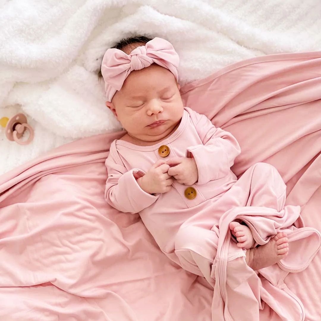 Solid Petal Pink Bamboo Baby Knot Gown & Hat | Caden Lane