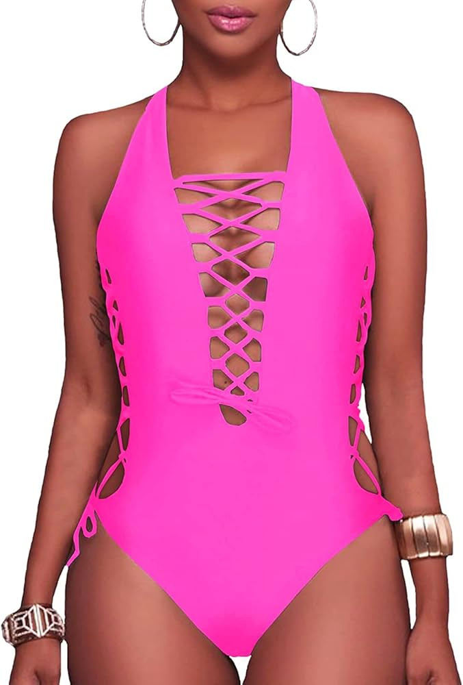 Holipick Women Sexy One Piece Swimsuits Plunge V Neck Bathing Suits Lace up Monokini Strappy Cuto... | Amazon (US)